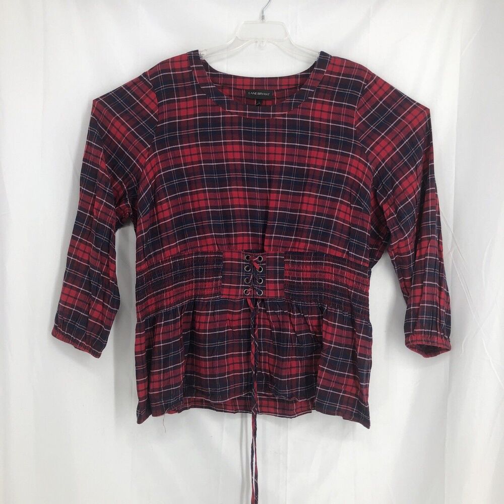 Lane Bryant Plaid Peplum Blouse Women’s Plus Size 28 Tie-Waist Fall Winter